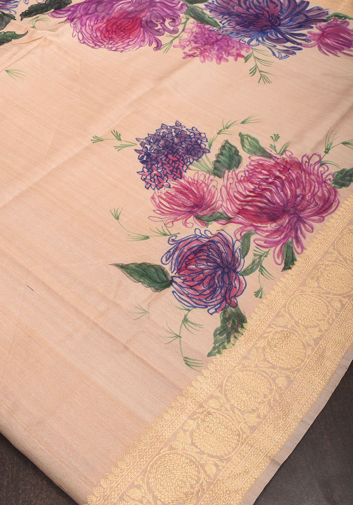Banarasi Pure Tussar Silk Saree with Handpainted Aster florals and zari detailing | Silk mark certified