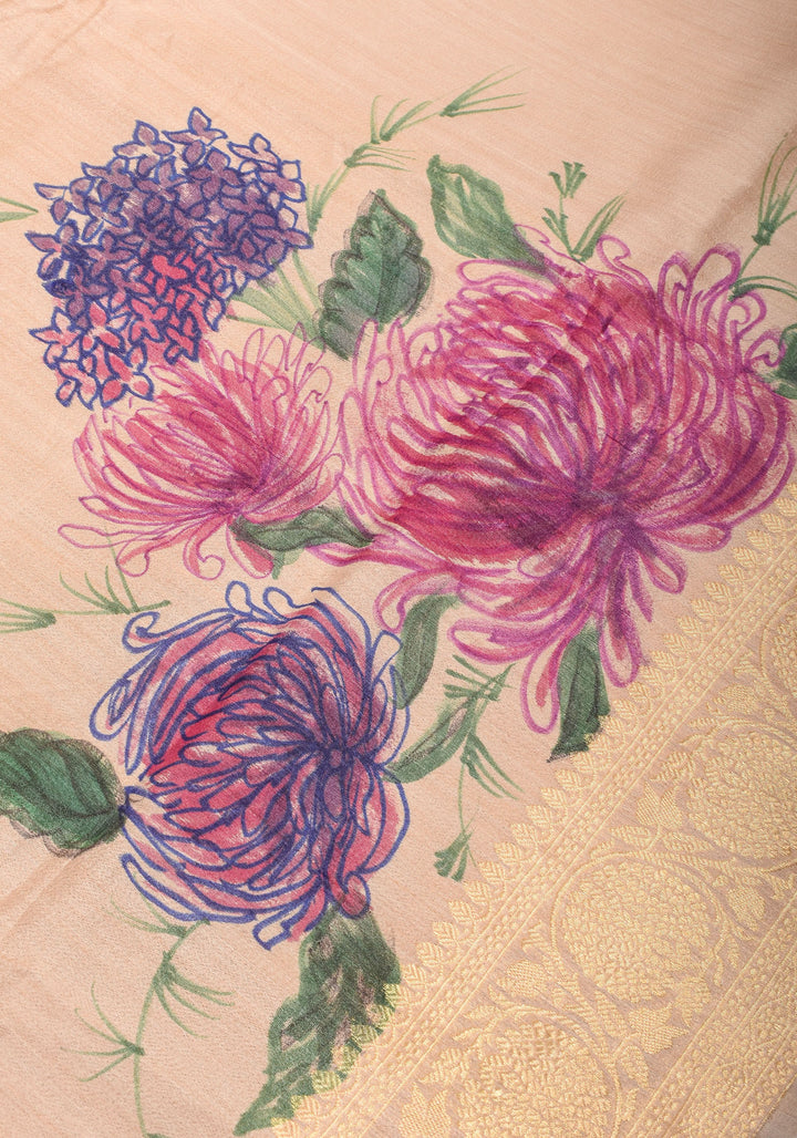 Banarasi Pure Tussar Silk Saree with Handpainted Aster florals and zari detailing | Silk mark certified