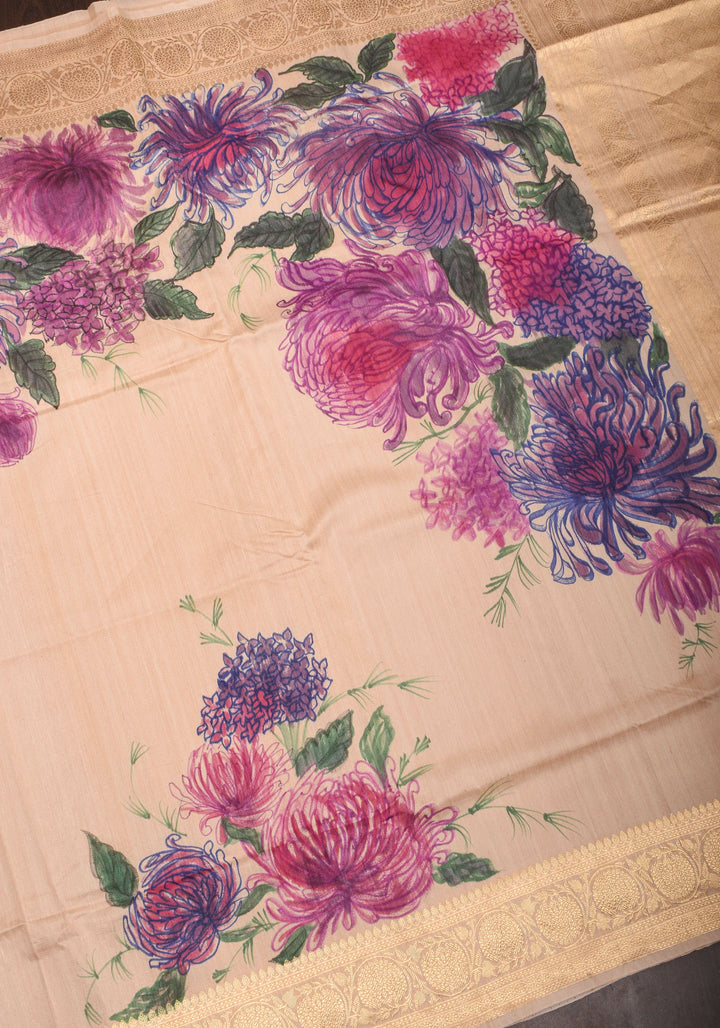 Banarasi Pure Tussar Silk Saree with Handpainted Aster florals and zari detailing | Silk mark certified