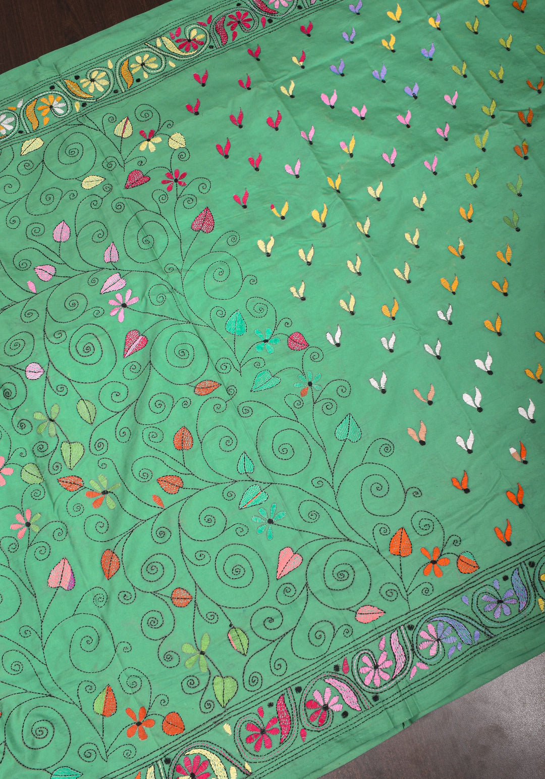 Sea Green Handmade Kantha Embroidery Saree in Banglori Silk