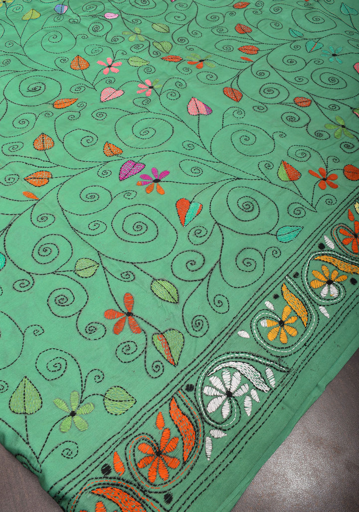 Sea Green Handmade Kantha Embroidery Saree in Banglori Silk