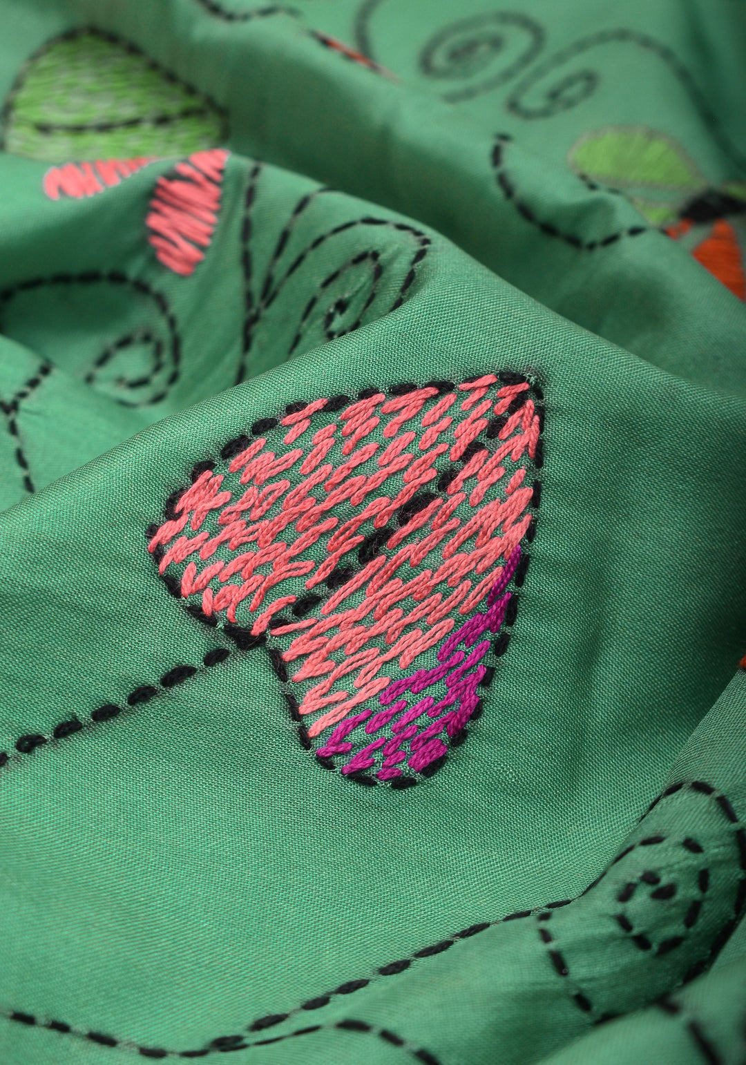 Sea Green Handmade Kantha Embroidery Saree in Banglori Silk