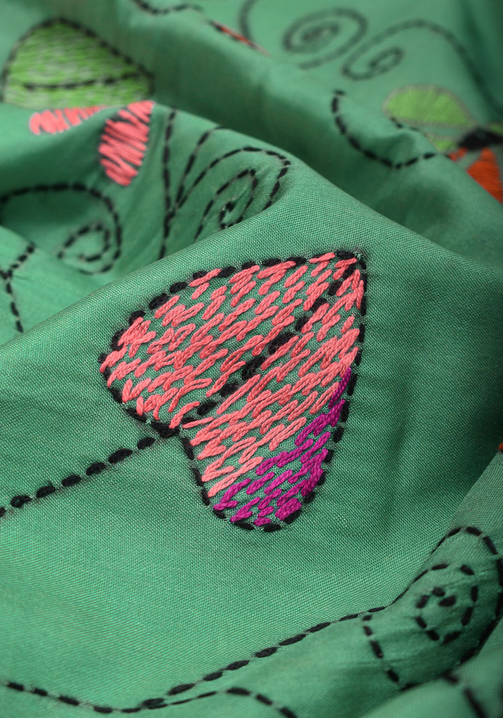 Sea Green Handmade Kantha Embroidery Saree in Banglori Silk
