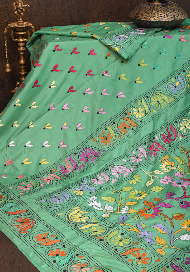 Sea Green Handmade Kantha Embroidery Saree in Banglori Silk