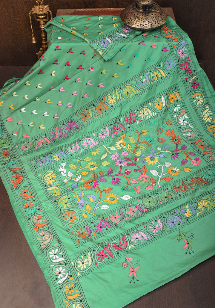 Sea Green Handmade Kantha Embroidery Saree in Banglori Silk