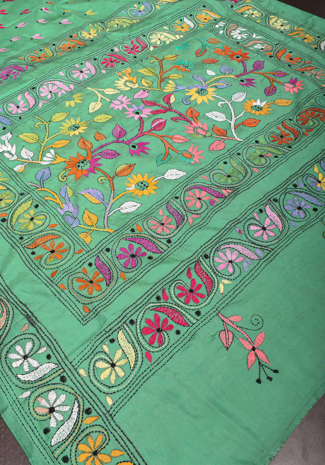 Sea Green Handmade Kantha Embroidery Saree in Banglori Silk