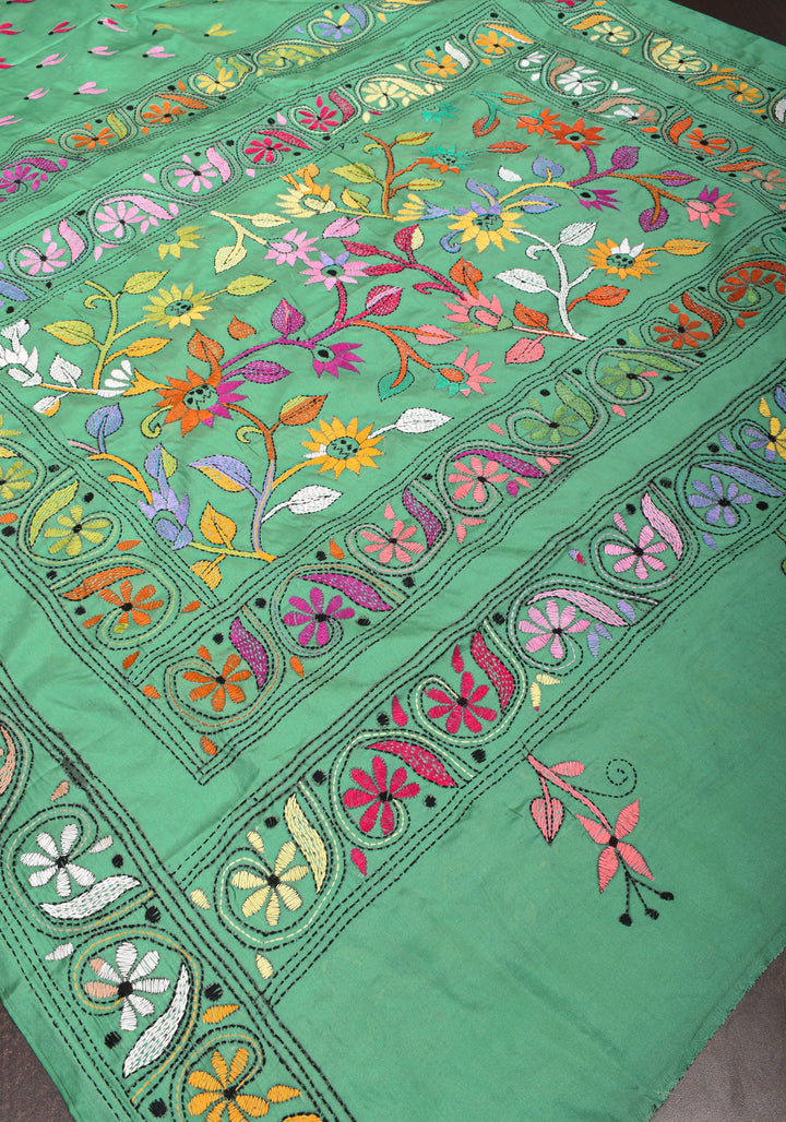 Sea Green Handmade Kantha Embroidery Saree in Banglori Silk