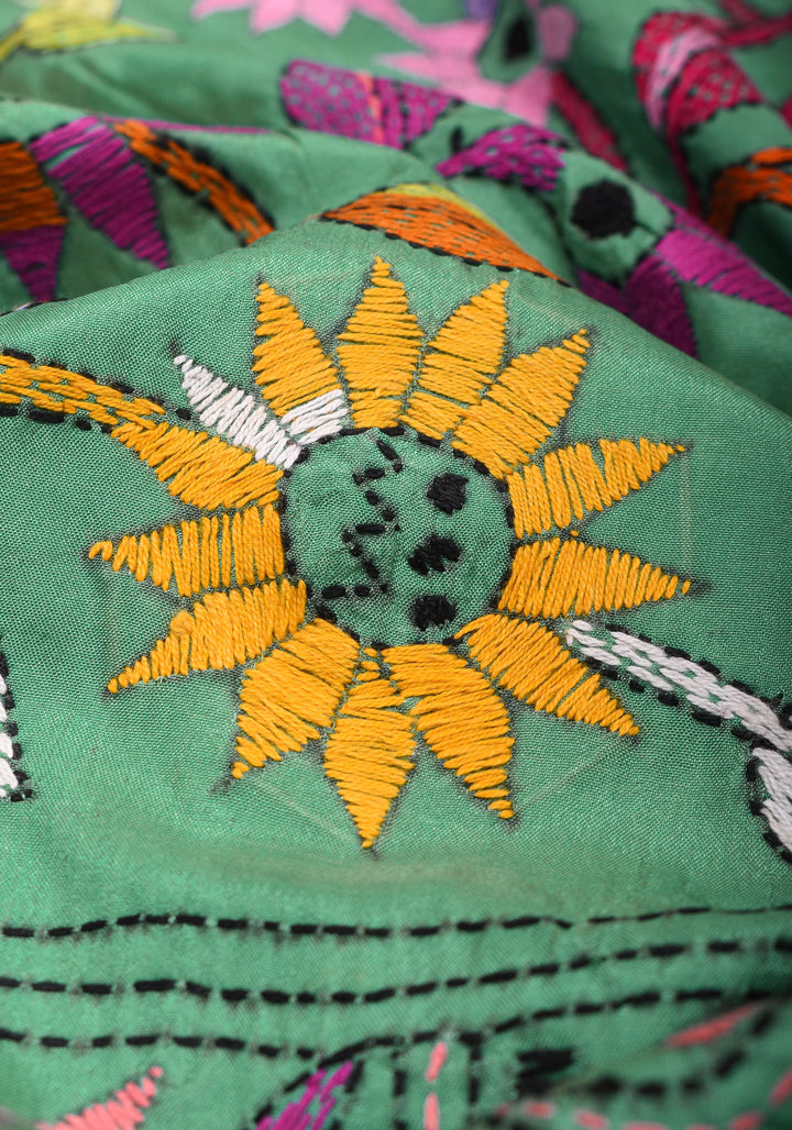 Sea Green Handmade Kantha Embroidery Saree in Banglori Silk