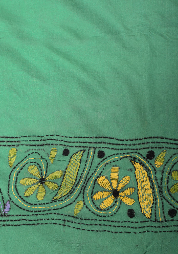 Sea Green Handmade Kantha Embroidery Saree in Banglori Silk