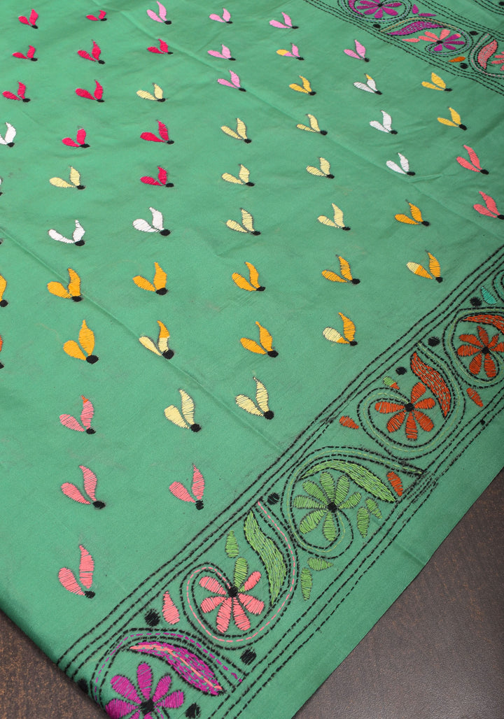 Sea Green Handmade Kantha Embroidery Saree in Banglori Silk
