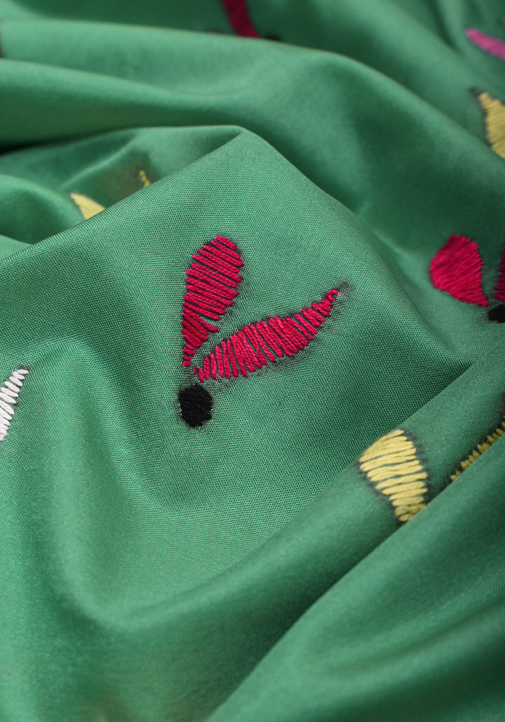 Sea Green Handmade Kantha Embroidery Saree in Banglori Silk