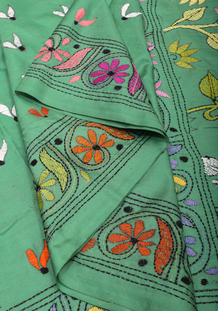 Sea Green Handmade Kantha Embroidery Saree in Banglori Silk