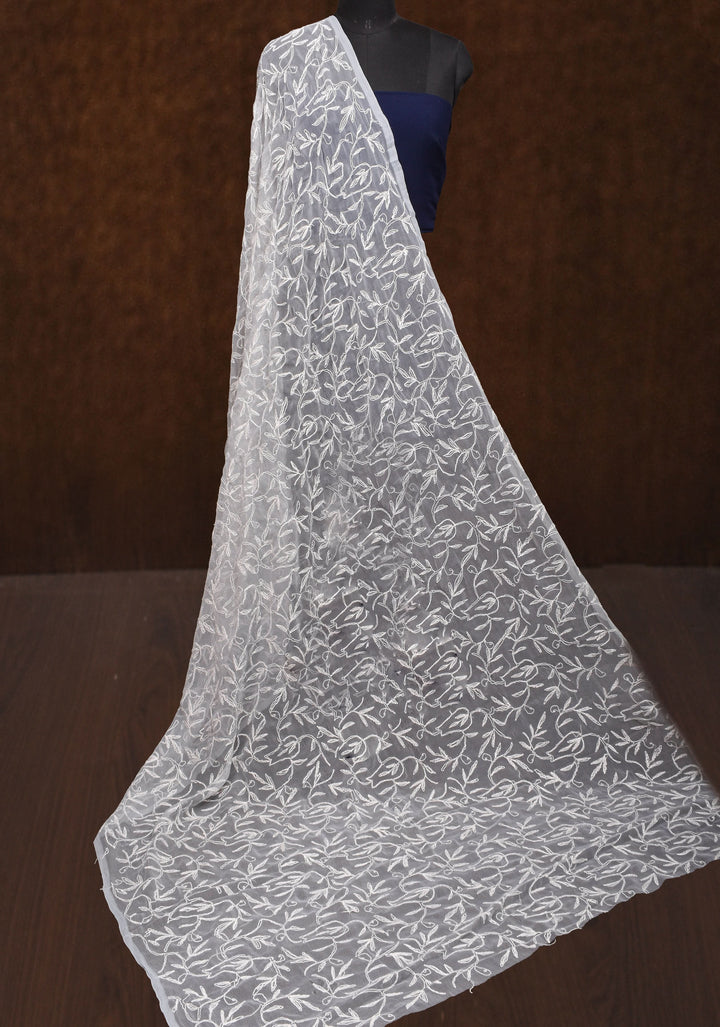 DUPATTA : Hand embroidered Chikankari  full jaal work on Gray Georgette Dupatta