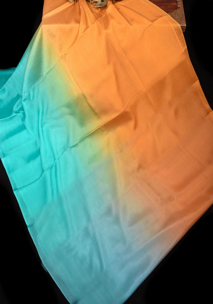 Ochre and Cyan Bollywood style ombré pure chiffon saree , No Blouse Piece