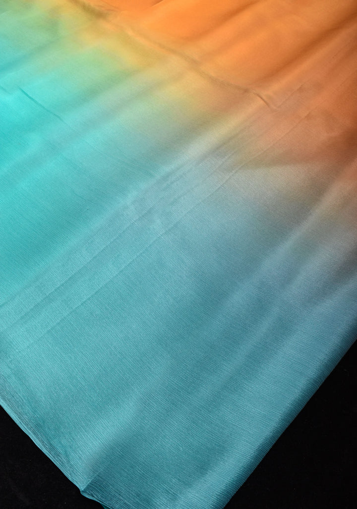 Ochre and Cyan Bollywood style ombré pure chiffon saree , No Blouse Piece