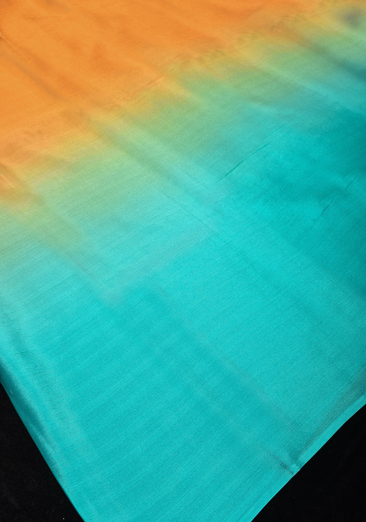 Ochre and Cyan Bollywood style ombré pure chiffon saree , No Blouse Piece