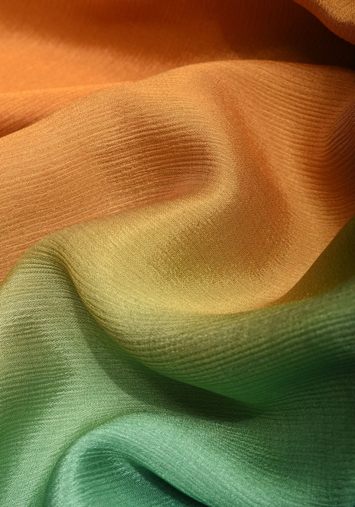 Ochre and Cyan Bollywood style ombré pure chiffon saree , No Blouse Piece