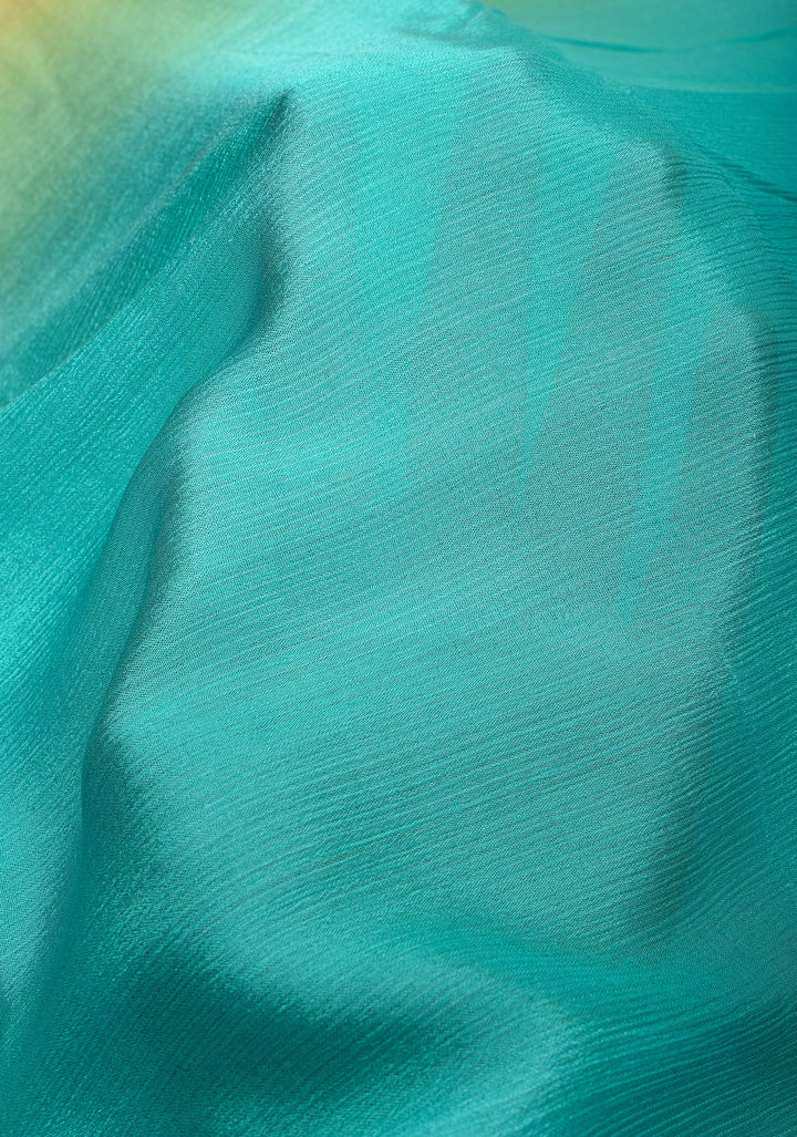 Ochre and Cyan Bollywood style ombré pure chiffon saree , No Blouse Piece