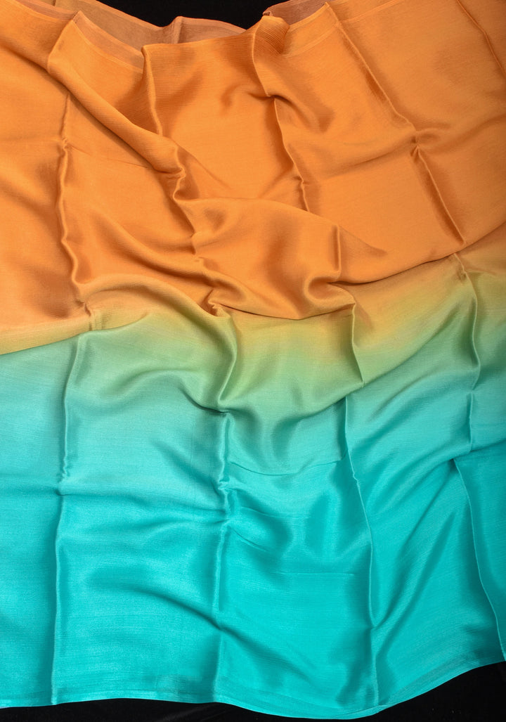 Ochre and Cyan Bollywood style ombré pure chiffon saree , No Blouse Piece