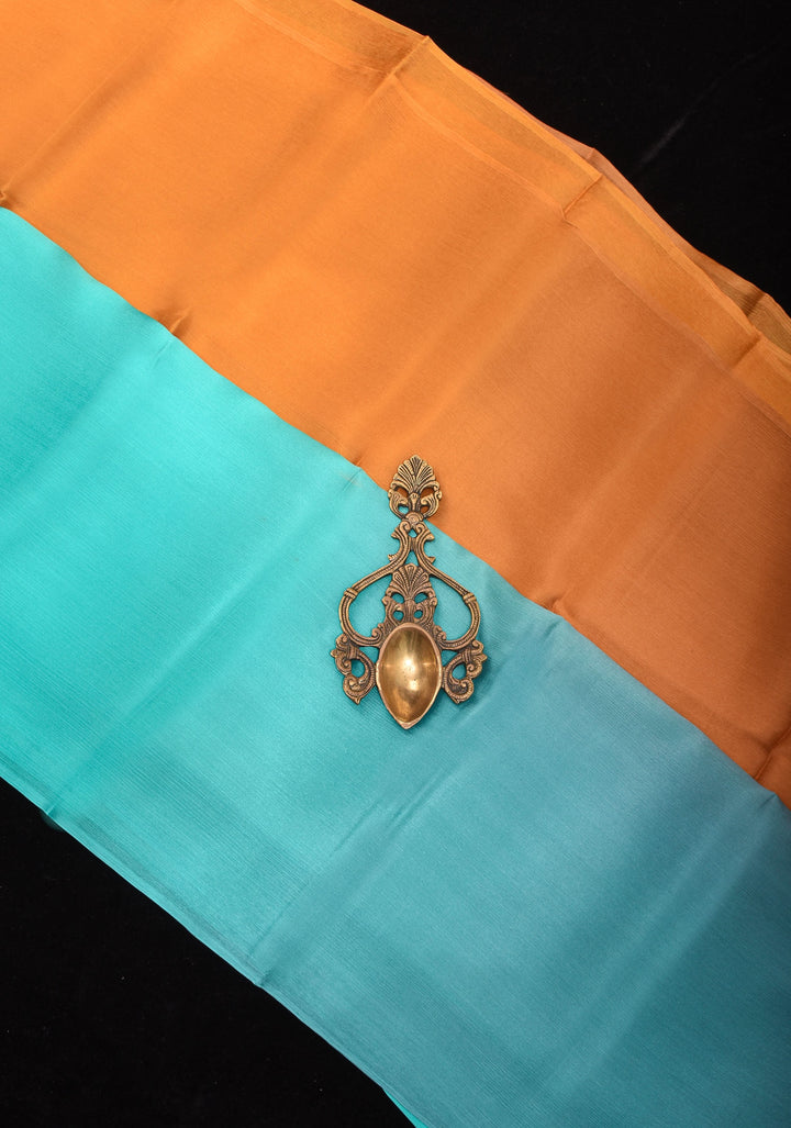 Ochre and Cyan Bollywood style ombré pure chiffon saree , No Blouse Piece