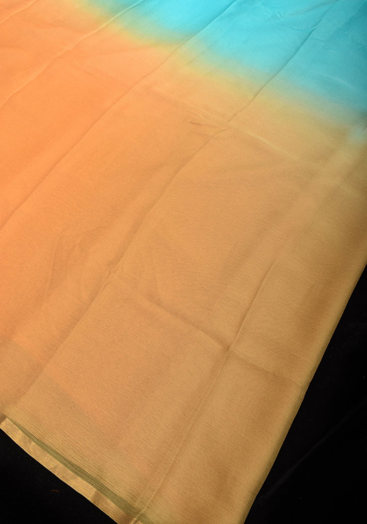 Bollywood style ombré pure chiffon Saree in Aqua and Peach, No Blouse Piece