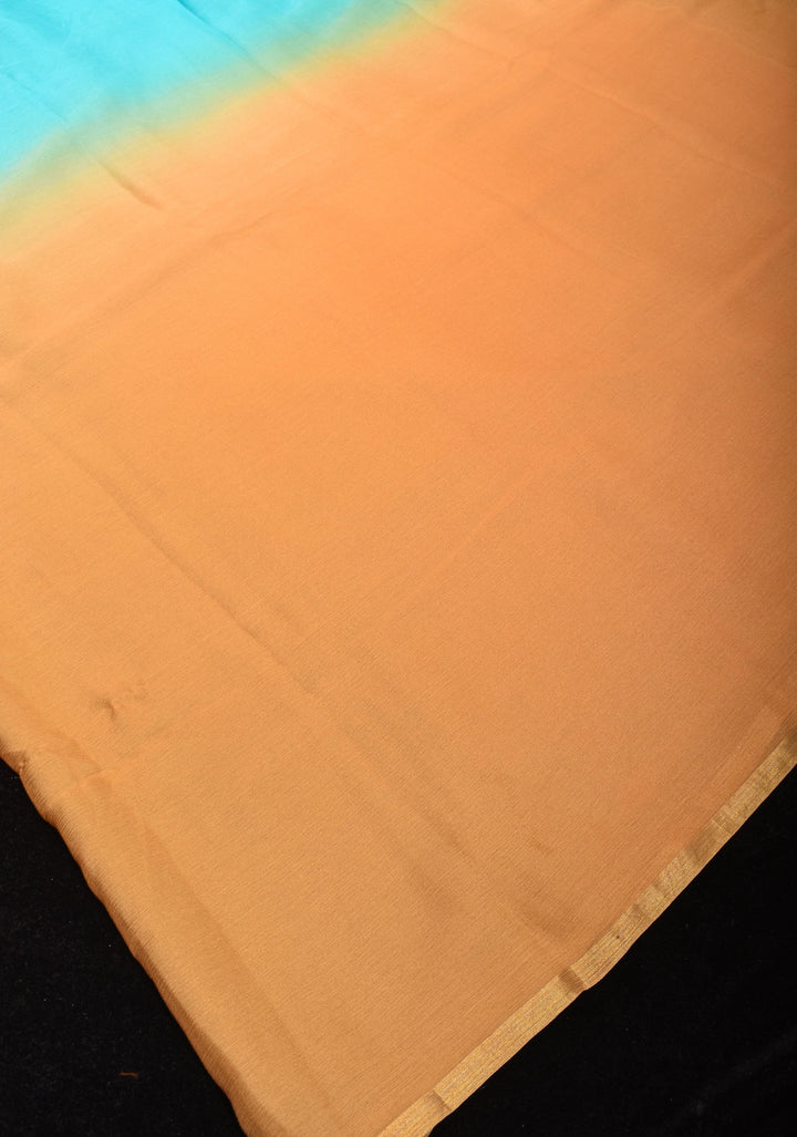 Bollywood style ombré pure chiffon Saree in Aqua and Peach, No Blouse Piece