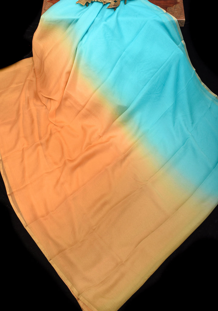 Bollywood style ombré pure chiffon Saree in Aqua and Peach, No Blouse Piece