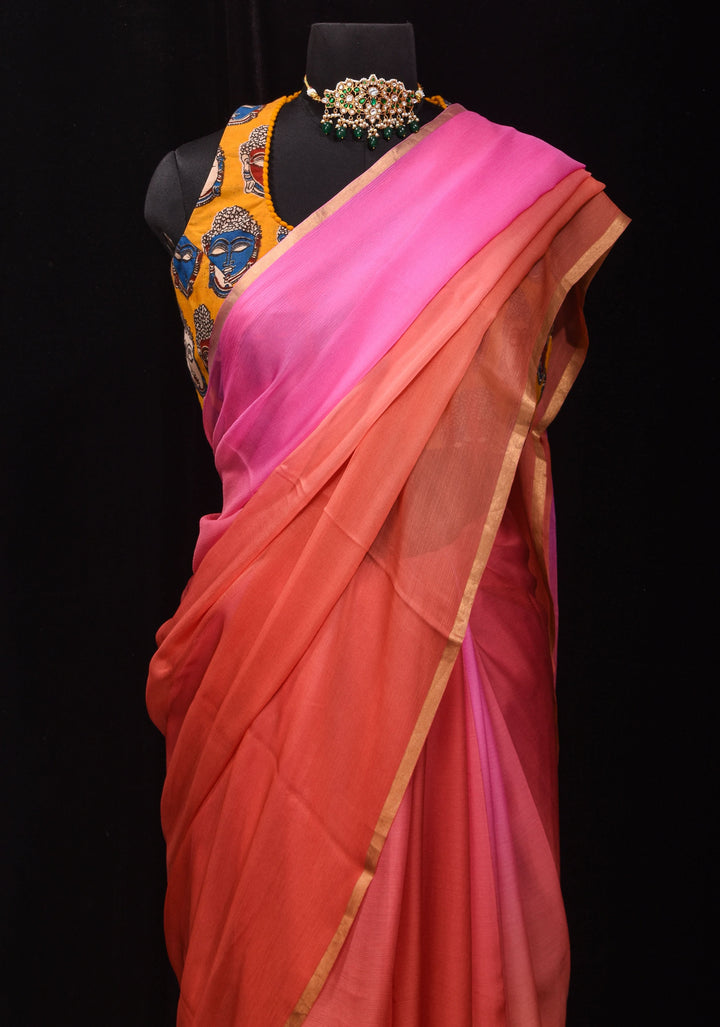 Bollywood style ombré pure chiffon in Multicolor with minimal zari border, No Blouse Piece