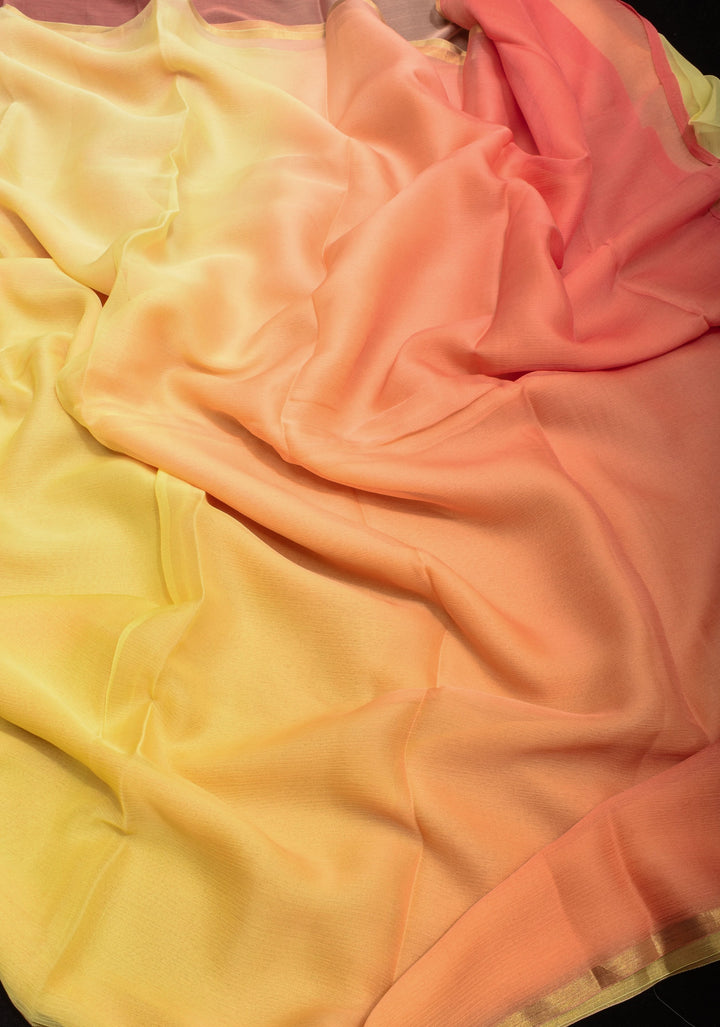 Bollywood style ombre pure chiffon in Light Yellow and Light peach, No Blouse Piece
