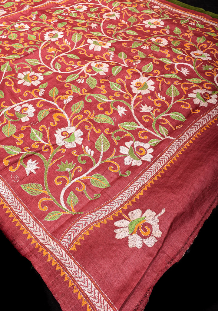 Pure Tussar Silk Saree in Light Maroon and Henna Green  half and Half design with Full Jaal Pallu and Rising Borders | SILK MARK CERTIFIED
