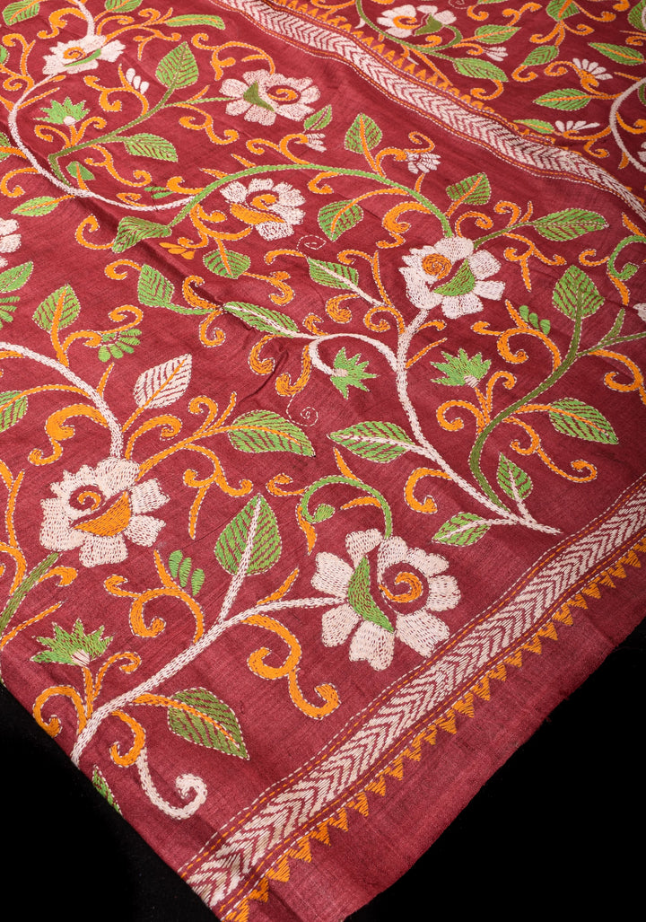 Pure Tussar Silk Saree in Light Maroon and Henna Green  half and Half design with Full Jaal Pallu and Rising Borders | SILK MARK CERTIFIED