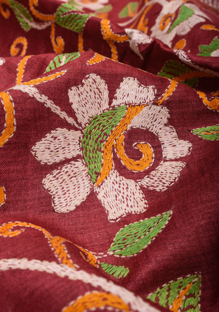 Pure Tussar Silk Saree in Light Maroon and Henna Green  half and Half design with Full Jaal Pallu and Rising Borders | SILK MARK CERTIFIED