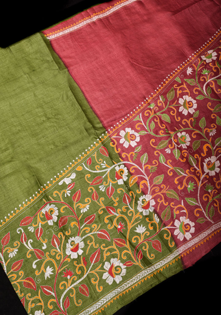 Pure Tussar Silk Saree in Light Maroon and Henna Green  half and Half design with Full Jaal Pallu and Rising Borders | SILK MARK CERTIFIED
