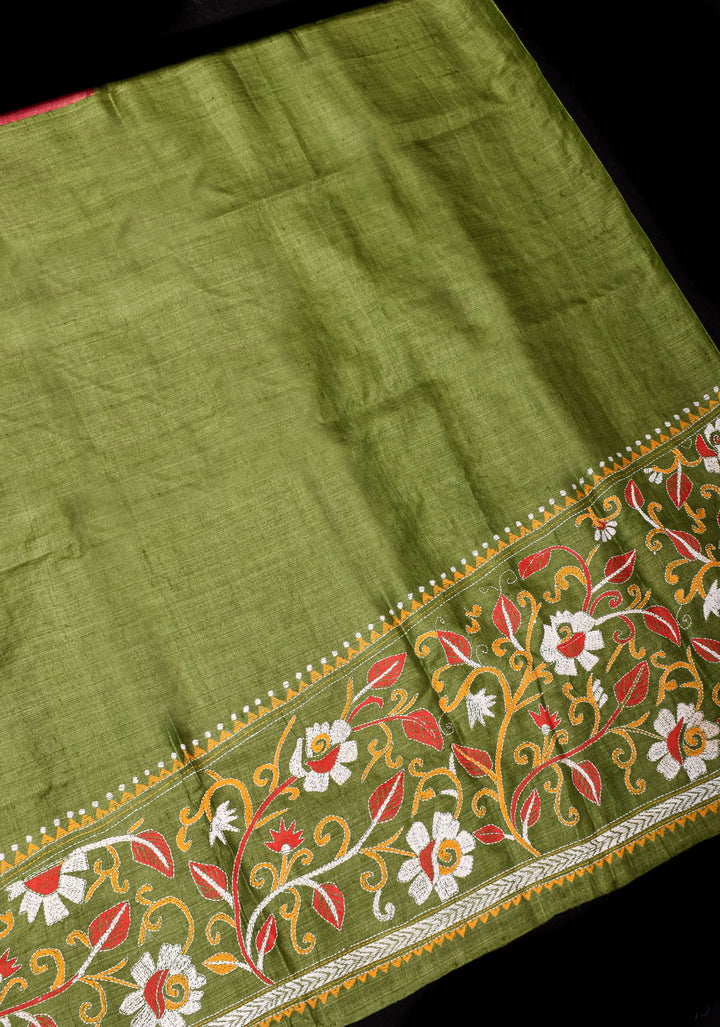 Pure Tussar Silk Saree in Light Maroon and Henna Green  half and Half design with Full Jaal Pallu and Rising Borders | SILK MARK CERTIFIED
