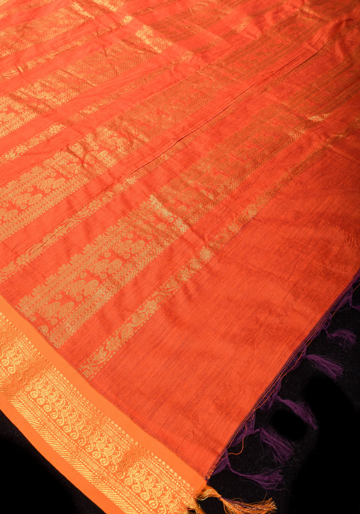 Magenta Purple Cotton Silk Saree with Orange Golden zari Border