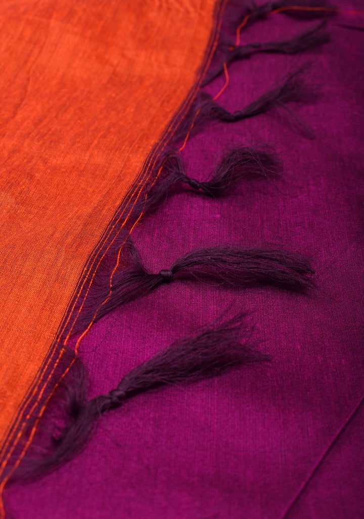Magenta Purple Cotton Silk Saree with Orange Golden zari Border