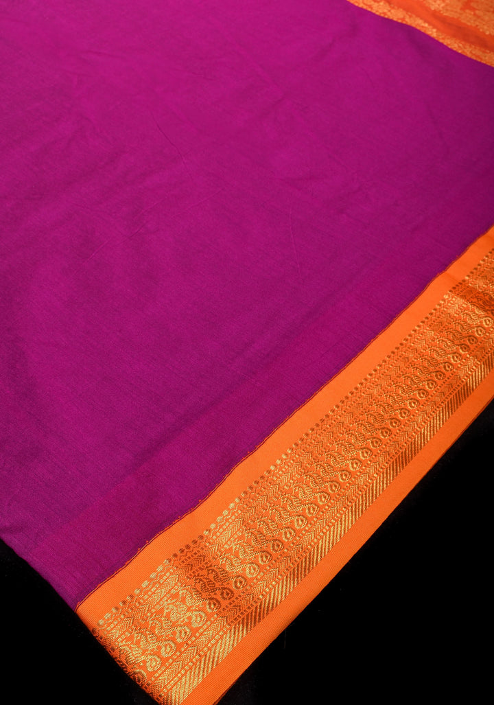 Magenta Purple Cotton Silk Saree with Orange Golden zari Border