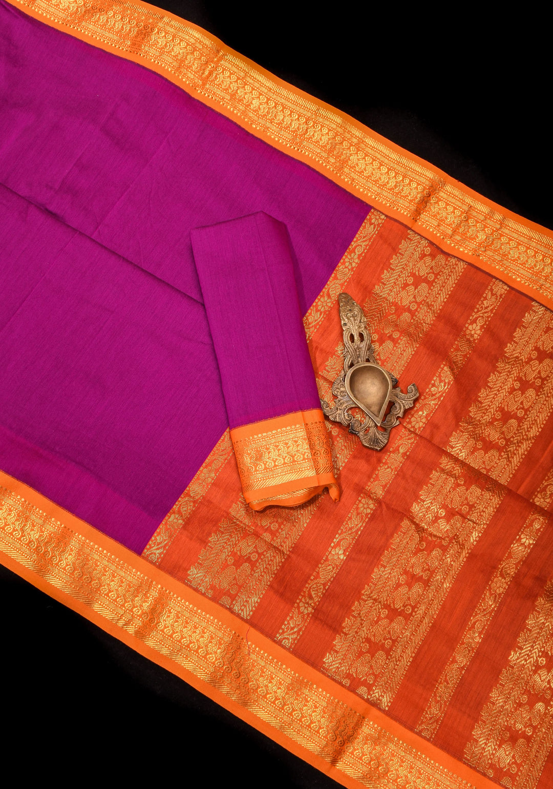 Magenta Purple Cotton Silk Saree with Orange Golden zari Border