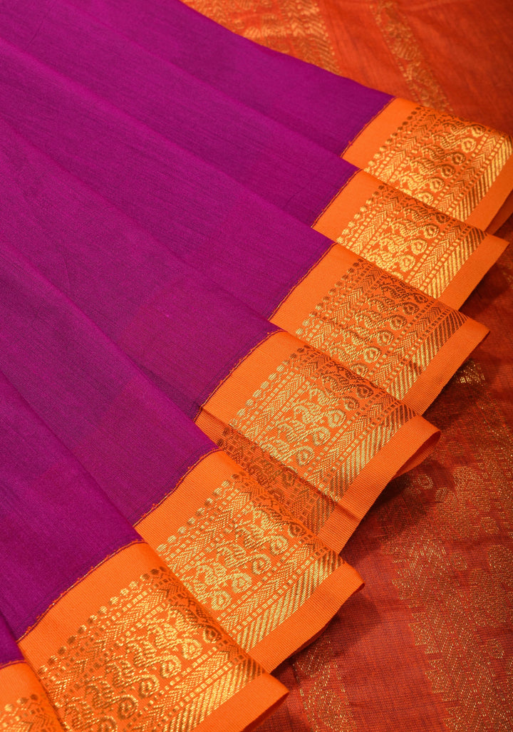 Magenta Purple Cotton Silk Saree with Orange Golden zari Border