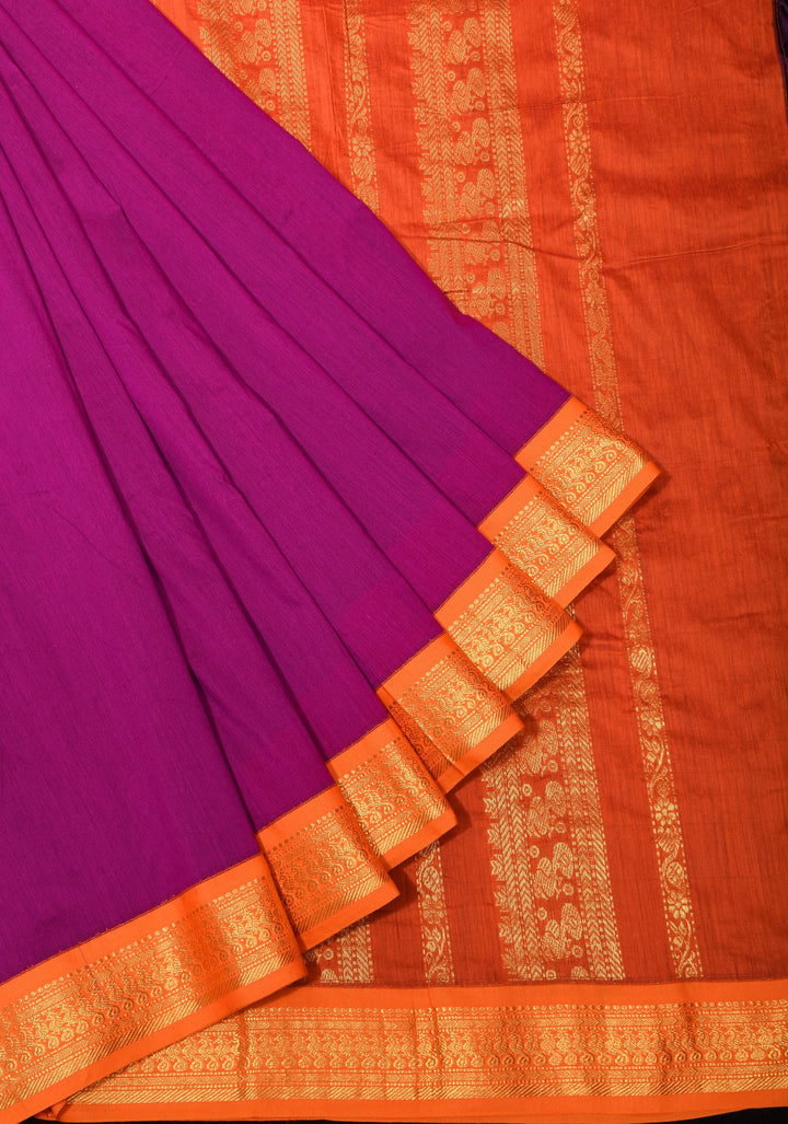 Magenta Purple Cotton Silk Saree with Orange Golden zari Border