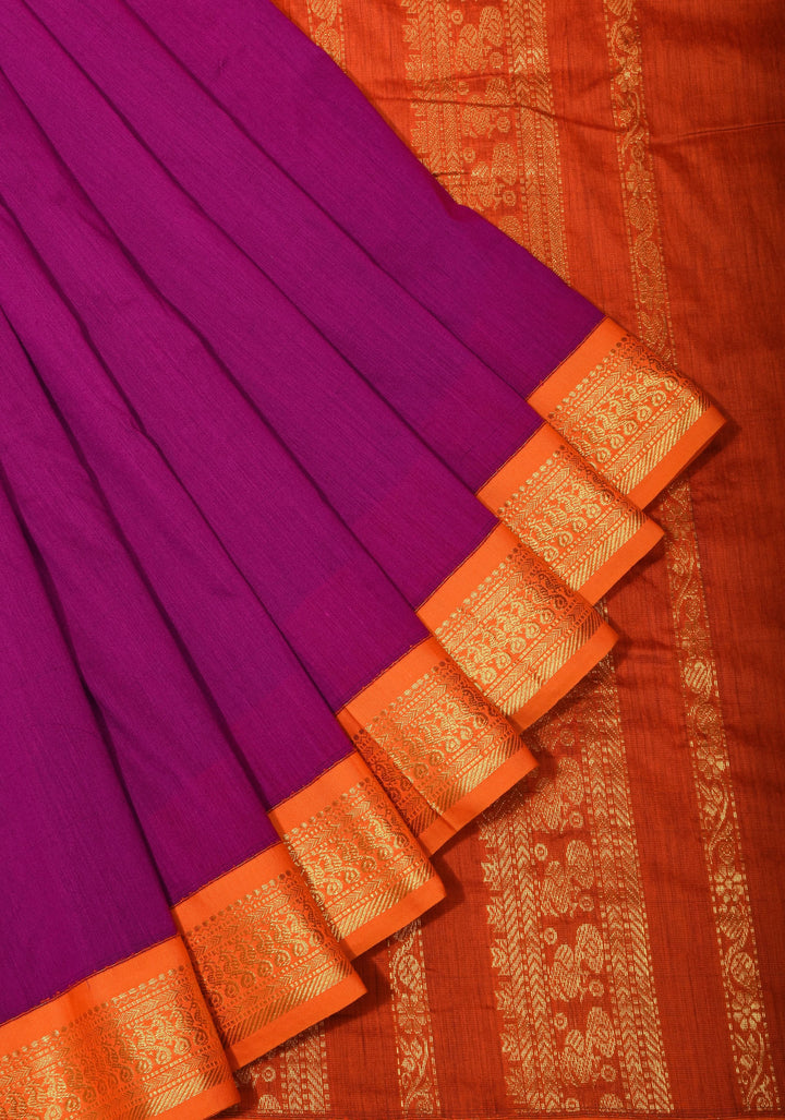 Magenta Purple Cotton Silk Saree with Orange Golden zari Border