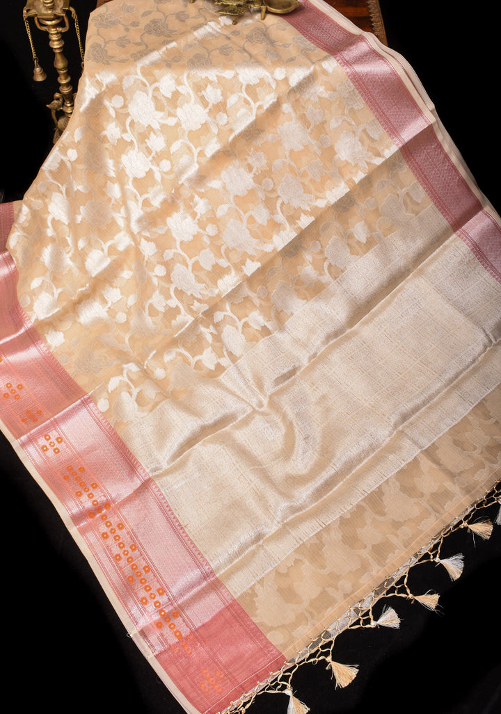 Unique Banarasi Meenakari Semi Kora Silk Saree in Beige with Silver Tone Zari & Floral Jaal