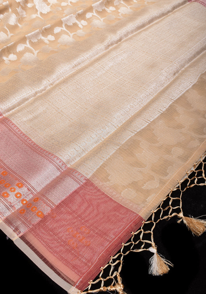Unique Banarasi Meenakari Semi Kora Silk Saree in Beige with Silver Tone Zari & Floral Jaal