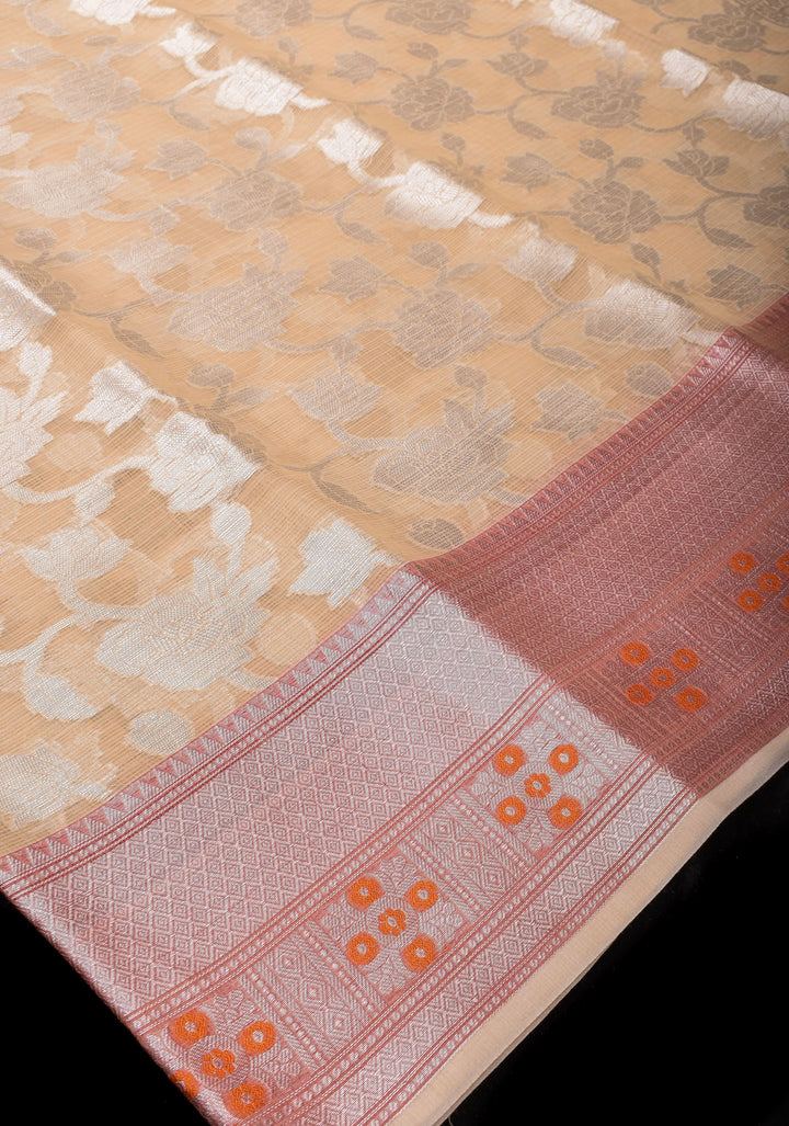 Unique Banarasi Meenakari Semi Kora Silk Saree in Beige with Silver Tone Zari & Floral Jaal