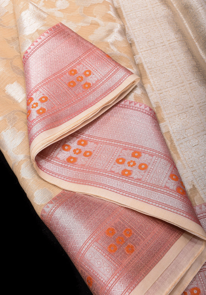 Unique Banarasi Meenakari Semi Kora Silk Saree in Beige with Silver Tone Zari & Floral Jaal