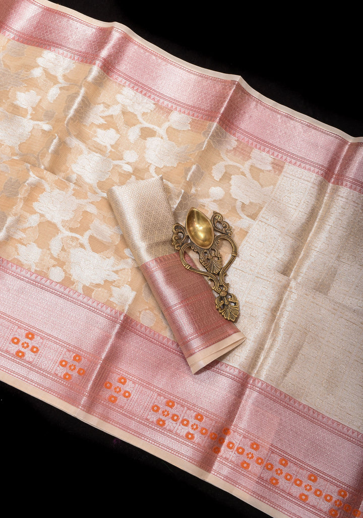 Unique Banarasi Meenakari Semi Kora Silk Saree in Beige with Silver Tone Zari & Floral Jaal
