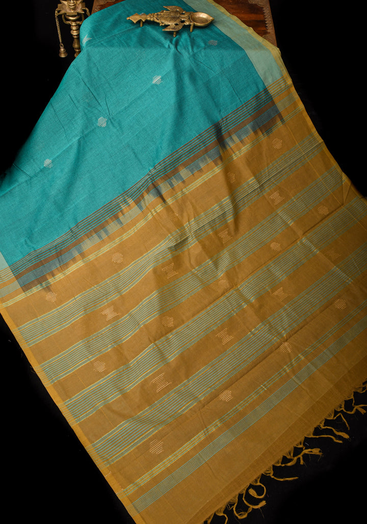 Aloe Vera - Kenaf Cotton Vegan Handloom Saree in Shades of Teal and Mustard Pallu