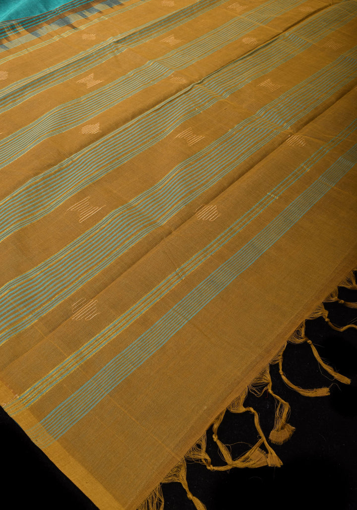 Aloe Vera - Kenaf Cotton Vegan Handloom Saree in Shades of Teal and Mustard Pallu