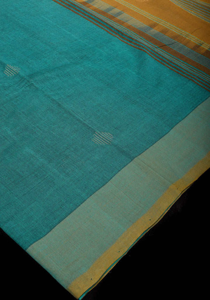 Aloe Vera - Kenaf Cotton Vegan Handloom Saree in Shades of Teal and Mustard Pallu