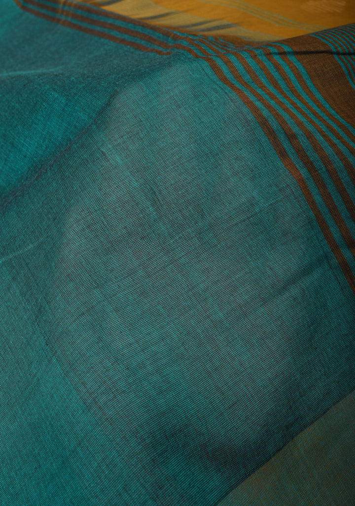 Aloe Vera - Kenaf Cotton Vegan Handloom Saree in Shades of Teal and Mustard Pallu